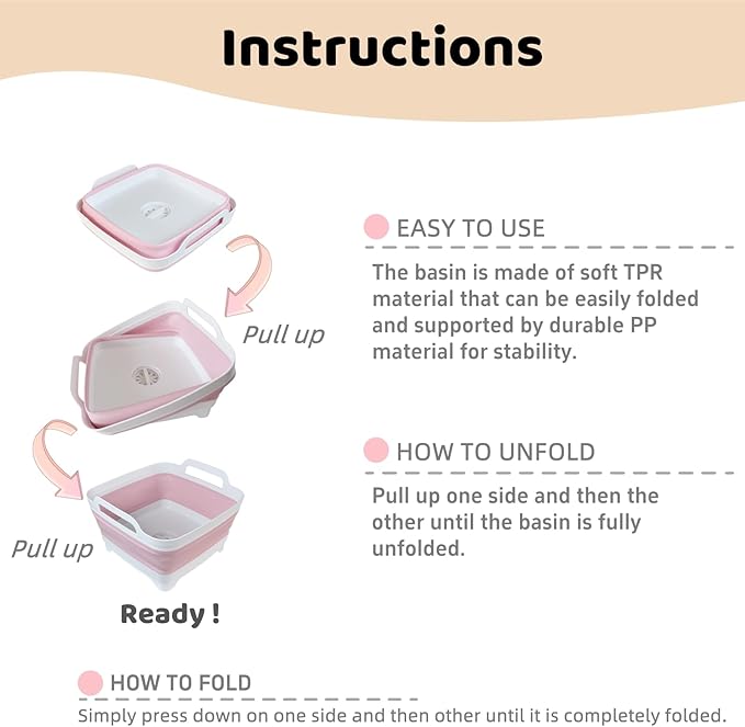 GIMWA Collapsible Wash Basin for Baby Bottles - 2.4 Gallons Portable Wash Bin for RV Camping Sink, Space-Saving Dish Tub (Pink)
