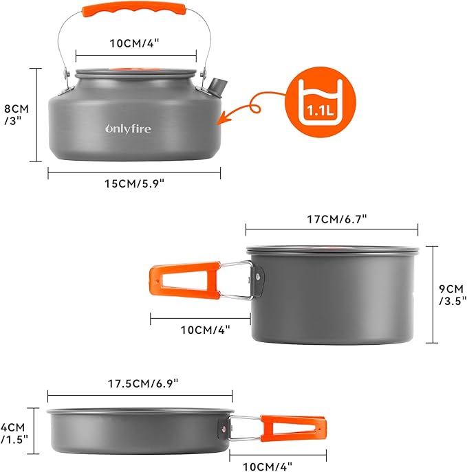 Onlyfire 10pcs Camping Cookware Mess Kit, Non-Stick Lightweight Pot Pan Kettle Set with Plates Forks Knives Spoons for Camping, Backpacking, Outdoor Cooking and Picnic CT603