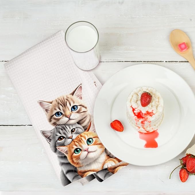 2PCS Cute Cat Kitchen Towels, Cat Themed Gifts Reusable Absorbent Waffle Weave Dish Tea Towels for Cleaning Cooking Baking, Cats Lovers Gifts for Women Microfiber Kitchen Towel, Housewarming Gift-1