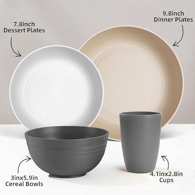 Wheat Straw Dinnerware Sets for 8, 32Pcs Lightweight Unbreakable Plates and Bowls Sets for Elderly Kids, Dishwasher Microwave Safe Plastic Dinnerware set, Plastic Dishes Set for Camping Rv