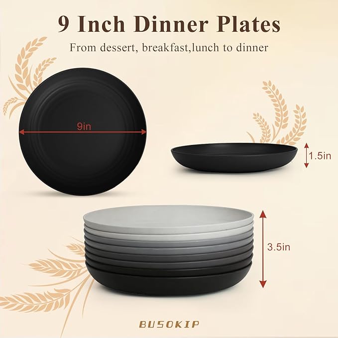 Salad Plates Set for 8, Unbreakable Wheat Straw Plates 9 Inch, Round Dinner Plates for Camping, Picnic, Travel, Microwavable Kitchen Plates for Vegetable, Charcuterie, Pizza - BlackGrey