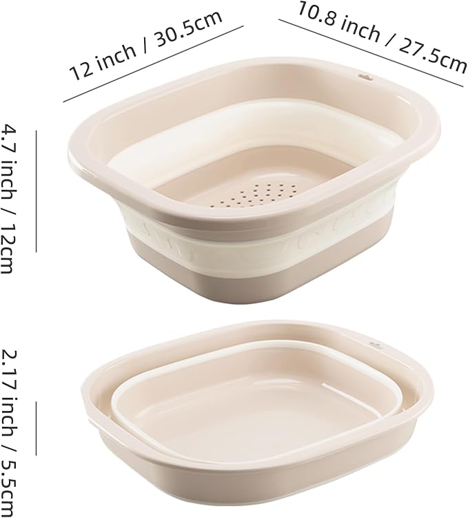 Collapsible Dish Basin with Colander, Foldable 2-in-1 Dish Pan and Strainer Set with Drain Holes, Portable Wash Basin for Kitchen Sink, Camping, Travel & RV (Pink)