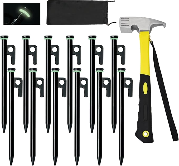 12 Pack Tent Stake with Hammer, 8in Heavy Duty Tent Stakes + 10in Camping Hammer+Storage Pouch, Forged Steel Stakes for Camping Used on Rocks