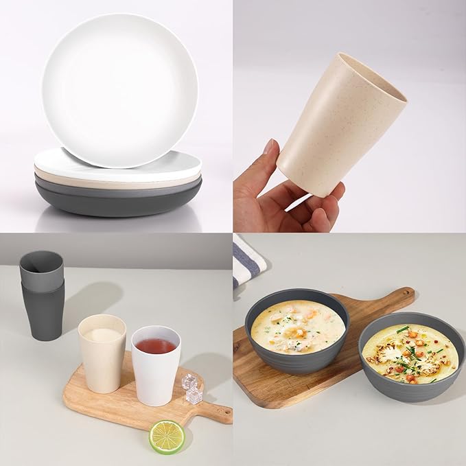 Wheat Straw Dinnerware Sets for 8, 32Pcs Lightweight Unbreakable Plates and Bowls Sets for Elderly Kids, Dishwasher Microwave Safe Plastic Dinnerware set, Plastic Dishes Set for Camping Rv