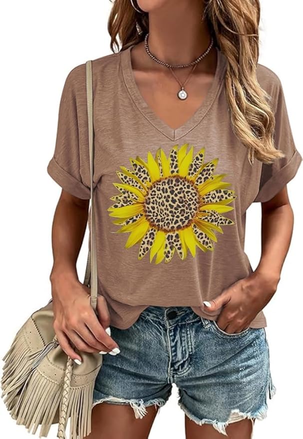 Graphic V Neck Shirt for Women Boho Floral Wildflowers Tee Casual Cottagecore Summer T-Shirt Blouse