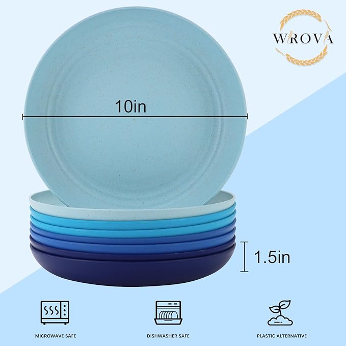 Wrova Wheat Straw Plates - 10 Inch Unbreakable Dinner Plates Set of 8 - Dishwasher & Microwave Safe Plastic Plates Reusable - Lightweight Plates for kitchen,camping (Ocean Series)