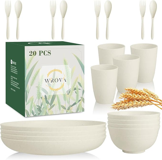 Wrova Wheat Straw Dinnerware Sets of 20,Dishwasher Safe Kitchen Plates and Bowls Sets,Camping Dishes Sets Contains Dinner Plates,Cereal Bowls,Drinking Cups and Flatware.(Beige)