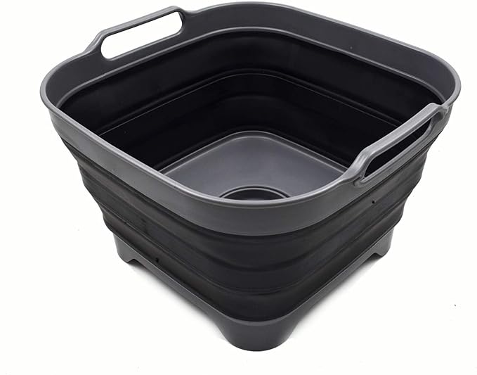 SAMMART 10L (2.64 Gallon) Collapsible Dishpan with Draining Plug - Foldable Washing Basin - Portable Dish Washing Tub - Space Saving Kitchen Storage Tray (1, Grey/Black)