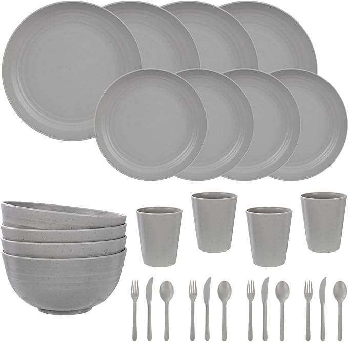 LIYH 28 Pcs Kitchen Plates and Bowls Set, Wheat Straw Dinnerware Sets, Unbreakable Plates and Bowls Sets for 4, Reusable Plate Wheat Straw Dishes Set for Daily & Camping, Light Grey Kitchen Decor