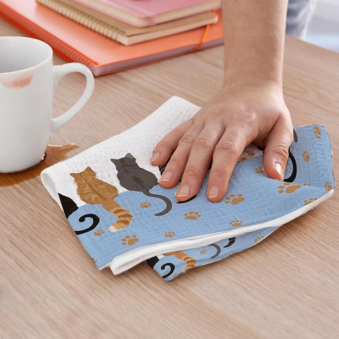 2PCS Cute Cat Kitchen Towels, Cats Paw Print Themed Gifts Reusable Absorbent Waffle Weave Dish Tea Towels for Cleaning Cooking, Cat Lovers Gifts for Women Microfiber Kitchen Towel, Housewarming Gift