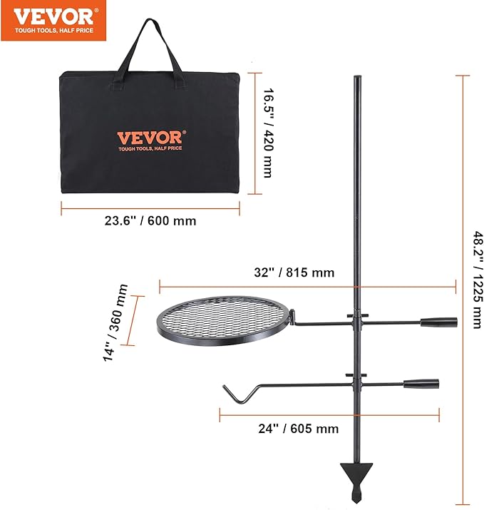 VEVOR Swivel Campfire Grill, Fire Pit Grill Grate over Fire Pits, Heavy Duty Steel Grill Grates, 360° Adjustable Open Fire Outdoor Cooking Equipment, Portable Camp Fire Racks for Camping Outdoor BBQ