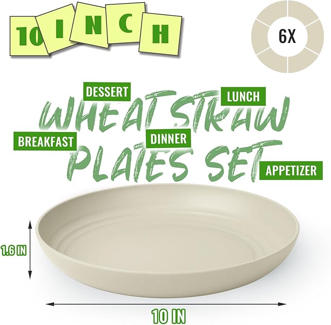 Wheat Straw Plates 6-Piece Set, 10 Inch Unbreakable Deep Dinner Plates, Reusable Plastic Plates Microwave and Dishwasher Safe BPA-Free for Family, Daily Use, LightGrey