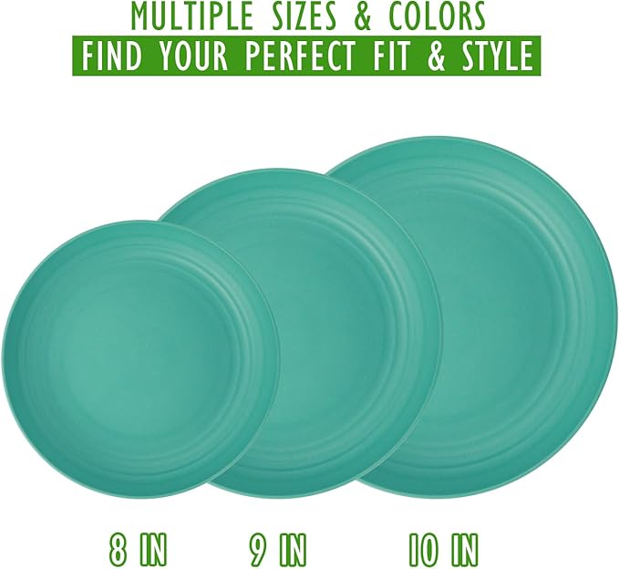 8 Inch Wheat Straw Plates Set of 6, Unbreakable Reusable Plastic Plates, Microwave and Dishwasher Safe Small Dinner Plates for Appetizer, Dessert, Party, Cream, Green