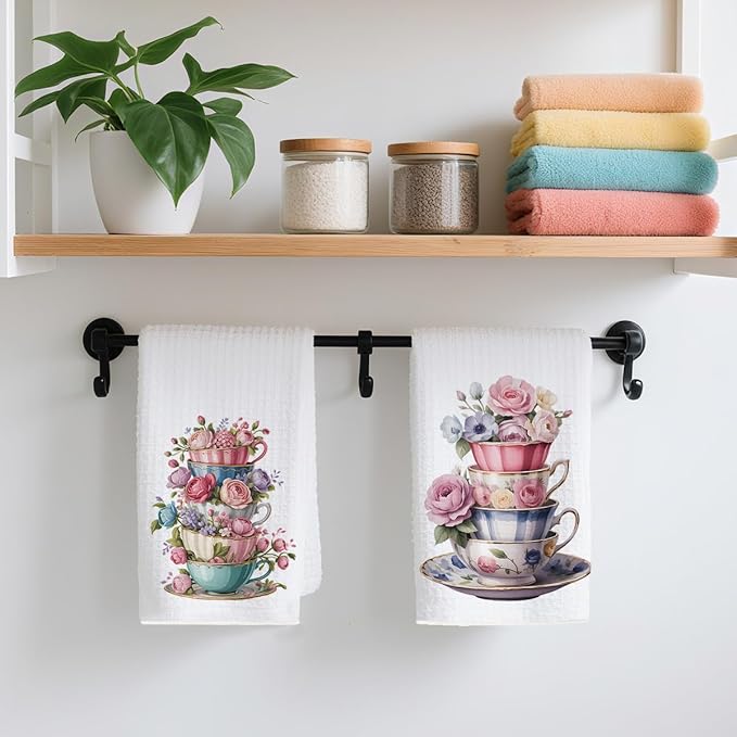2PCS Watercolor Rose Kitchen Towels, Flower Coffee Cup Waffle Weave Dish Tea Hand Towels for Home, Dinner Party, Wedding Gift, Home Decor, Housewarming Farmhouse Gifts for Women Friend
