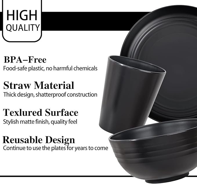 LIYH 28 Pcs Black Wheat Straw Dinnerware Sets - Plates and Bowls Sets, Unbreakable Dinnerware Set Reusable Plates, Bowls, Cups & Cutlery - Lightweight, Dish Set for Kitchen & Camping