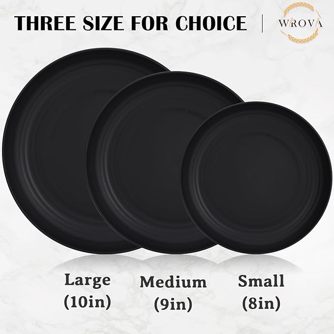 Wrova Wheat Straw Plates - 8 Inch Unbreakable Dinner Plates Set of 8 - Dishwasher & Microwave Safe Plastic Plates Reusable - Lightweight Plates for kitchen,R.V (pure black)