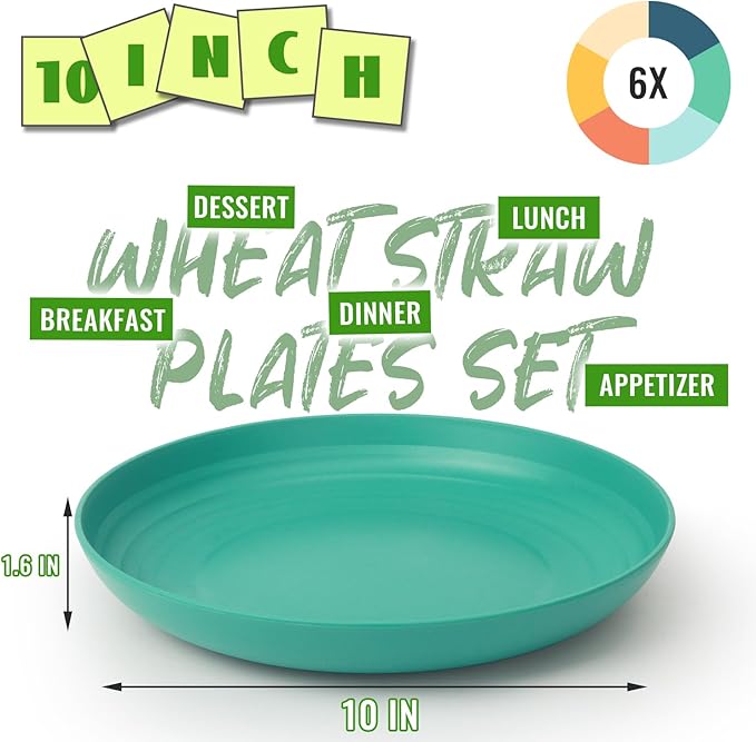Wheat Straw Plates, 10 in Deep Dinner Plates Set of 6, Unbreakable Reusable Plastic Plates, Unbreakable Microwave and Dishwasher Safe Kids Plate for Kitchen, Camping, Multi