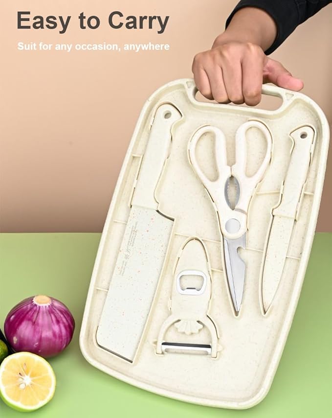 5 in 1 Mini Knife and Cutting Board Set, Small Camping Cutting Board Cutting Board Scissors, Dorm Kitchen Essentials Travel Knife Set (Green)