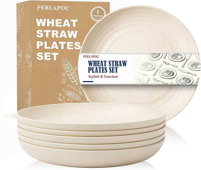 Wheat Straw Salad Plates 8 Inch Set of 6, Unbreakable & Lightweight Dinner Plates, Plastic Plates Reusable, Microwave and Dishwasher Safe for Kitchen, Camping, Beige