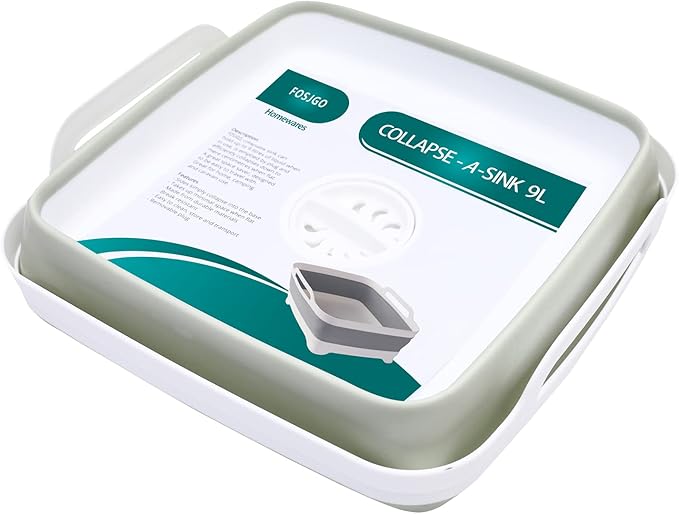 FOSJGO Collapsible Dish Basin with Drain Plug and Carry Handles - 9L Capacity, Portable Sink Tub for Camping and RV