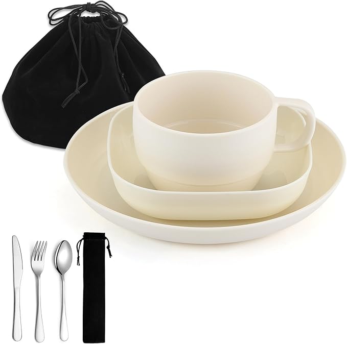 Camping Utensils Set, ReaNea Camping Plates and Bowls Set with Coffee Mug, Travel Cutlery Set Include Spoon, Fork, Knife for Home, Poolside, Outdoor, Picnic, Camp