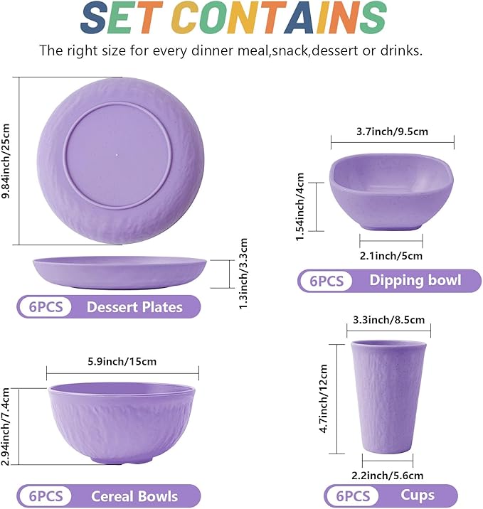 SHECIPIN 24-Piece Wheat Straw Dinnerware Set, Large Round Plates, Bowls and Cups, Unbreakable dish set, Dishwasher and Microwave Safe, Outdoor Camping Dishes