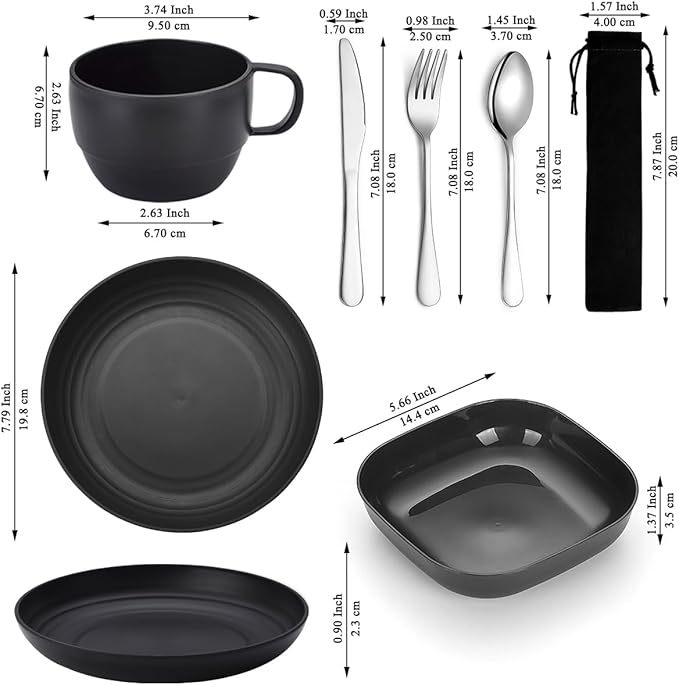 Camping Utensils, ReaNea Camping Plates and Bowls Set with Coffee Mug, Travel Cutlery Include Spoon, Fork, Knife for Home, Poolside, Outdoor, Picnic, Camp