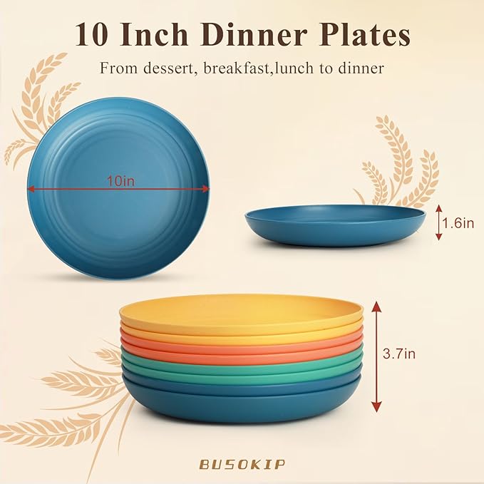 Wheat Straw Plates Set for 8, Unbreakable & Lightweight Dinner Plate 10 Inch, Plastic Plates Reusable, Microwave and Dishwasher Safe Kitchen Plate for Outdoor, Camping, Picnic- Multi