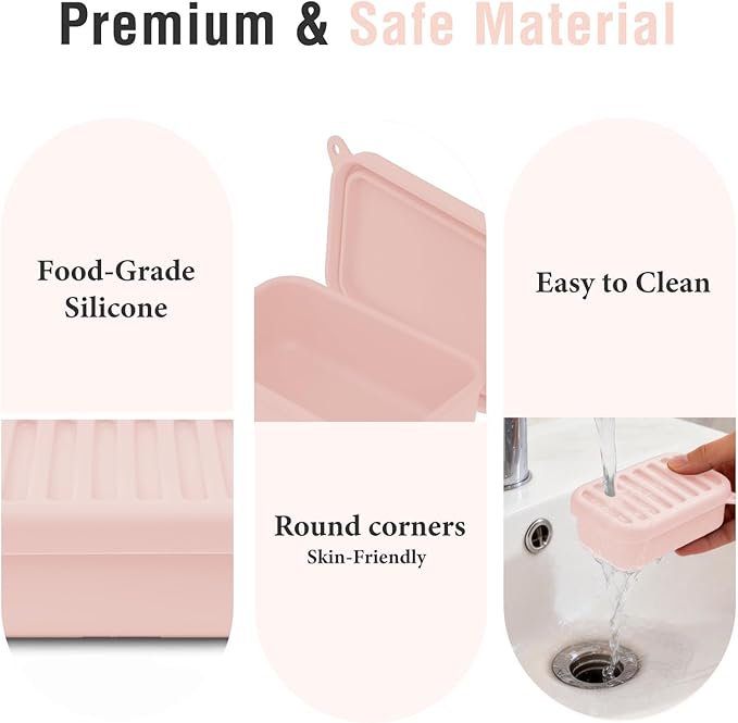 Silicone Travel Soap Case, Leak-Proof Bar Soap Container with Drain Tray, Portable Travel Soap Dish with Lid for Hiking, Gym, Camping, PortableToiletries Accessories (Pink)