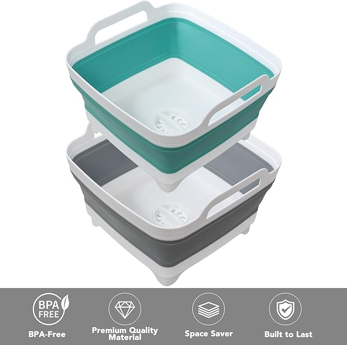 2 Pack Dishpan for Washing Dishes, 2.4Gal/9L Wash Basin with Draining Plug Carry Handles, Collapsible Bucket for Cleaning, Portable Sink, Foldable Plastic Tub