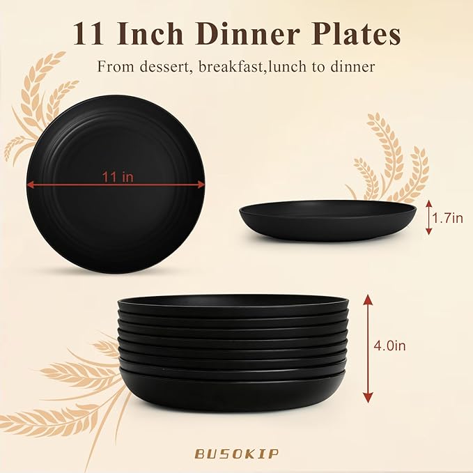 Dinner Plates Set 11 Inch, Unbreakable Wheat Straw Plates 8 PCS, Alternatives to Plastic Plates Rusable, Microwave Safe Camping Plates for Breakfast, Lunch, Dinner - Black
