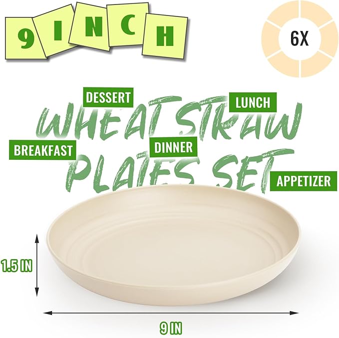 9 Inch Wheat Straw Dinner Plates 6-Piece Set, Unbreakable Deep Plate for Kids, Reusable Plastic Dinner Plates, Microwave & Dishwasher Safe, Ideal for Family Meals, Camping, Beige