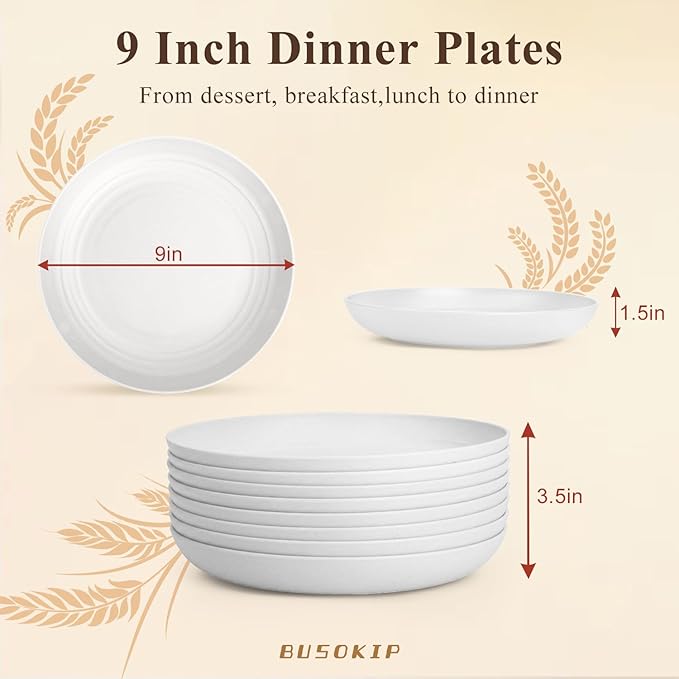 Wheat Straw Plates 9 Inch, Unbreakable & Reusable Plastic Plates Set for 8, Deep Dinner Plates for Salad, Sandwiches, Protein, Microwavable Plates for Kitchen, Party, Camping, RV - White
