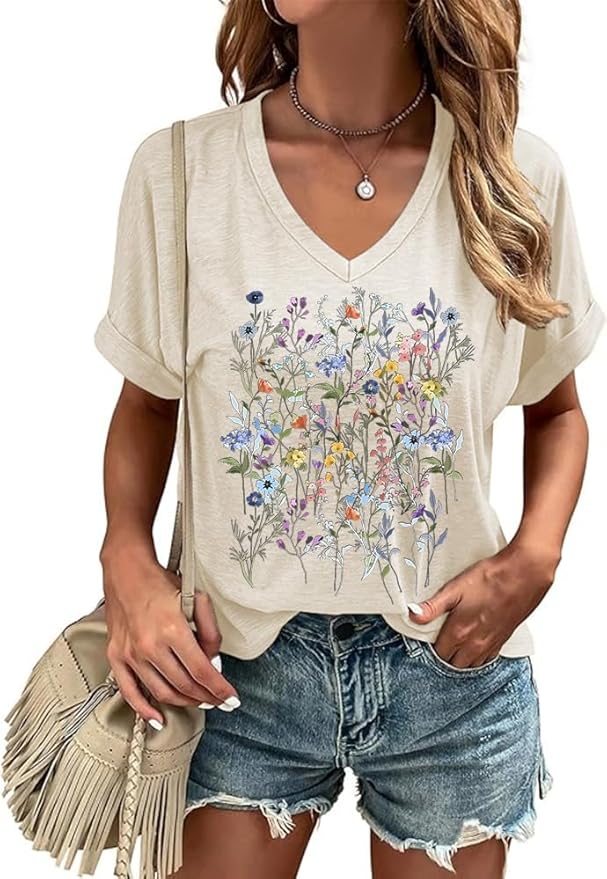 Graphic V Neck Shirt for Women Boho Floral Wildflowers Tee Casual Cottagecore Summer T-Shirt Blouse
