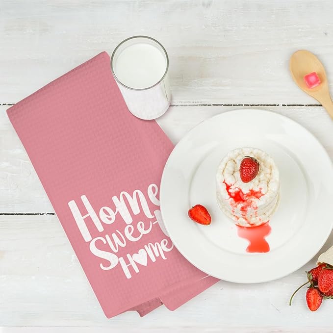 2PCS Pink Heart Love Home Sweet Home Valentine's Kitchen Towels, Valentines Day Decor for Couples, Reusable Absorbent Waffle Weave Dish Tea Towels for Cleaning Cooking, Microfiber Kitchen Towel