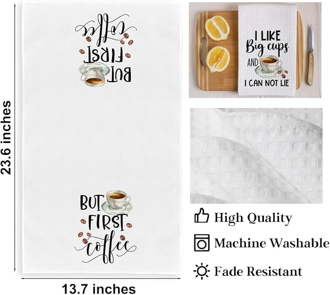 2PCS Coffee Kitchen Towels, Funny Farmhouse Rustic Reusable Absorbent Waffle Weave Dish Tea Towels for Cleaning Cooking Baking, Microfiber Kitchen Towel for Coffee Bar Decor Housewarming Gift