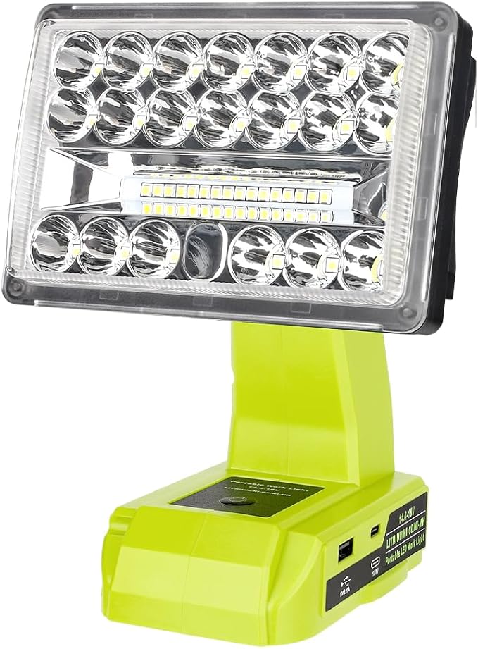 Choerinton 2000LM LED Work Light for Ryobi 18V Battery, 18W Cordless Rechargeable Jobsite Light with Adjustable Rotating Head, USB Powered Portable Floodlight for Outdoor Camping, Car Repair, Garage