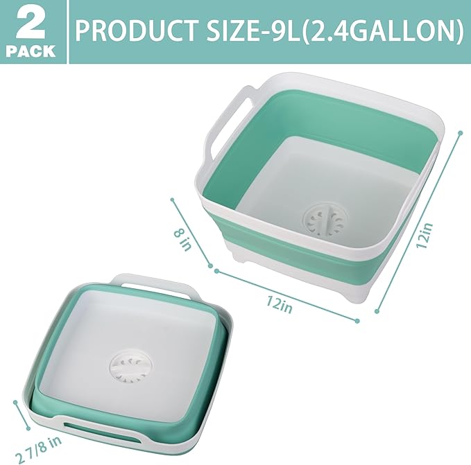 2 Pack Dishpan for Washing Dishes, 2.4Gal/9L Wash Basin with Draining Plug Carry Handles, Collapsible Bucket for Cleaning, Portable Sink, Foldable Plastic Tub
