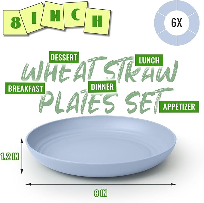 8 Inch Dinner Plates, Wheat Straw Unbreakable Plate Set of 6, Reusable Plastic Plates, Microwave and Dishwasher Safe Small Plates for Kids, Breakfast, Dessert, Light Blue