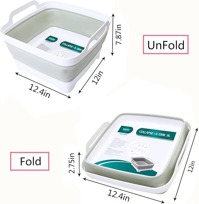 FOSJGO Collapsible Dish Basin with Drain Plug and Carry Handles - 9L Capacity, Portable Sink Tub for Camping and RV