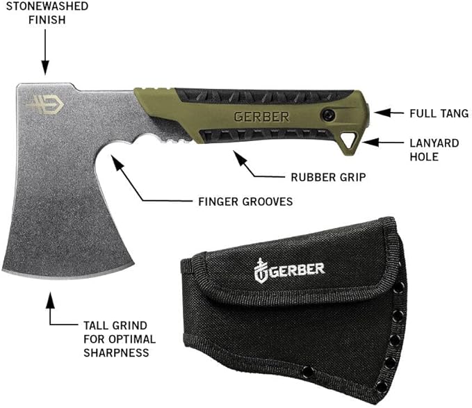 Gerber Gear Pack Hatchet - 3.5" Steel Blade Axe with Full Tang - Survival, Bushcraft and Camping Gear - with Mountable Nylon Sheath - Sage Green