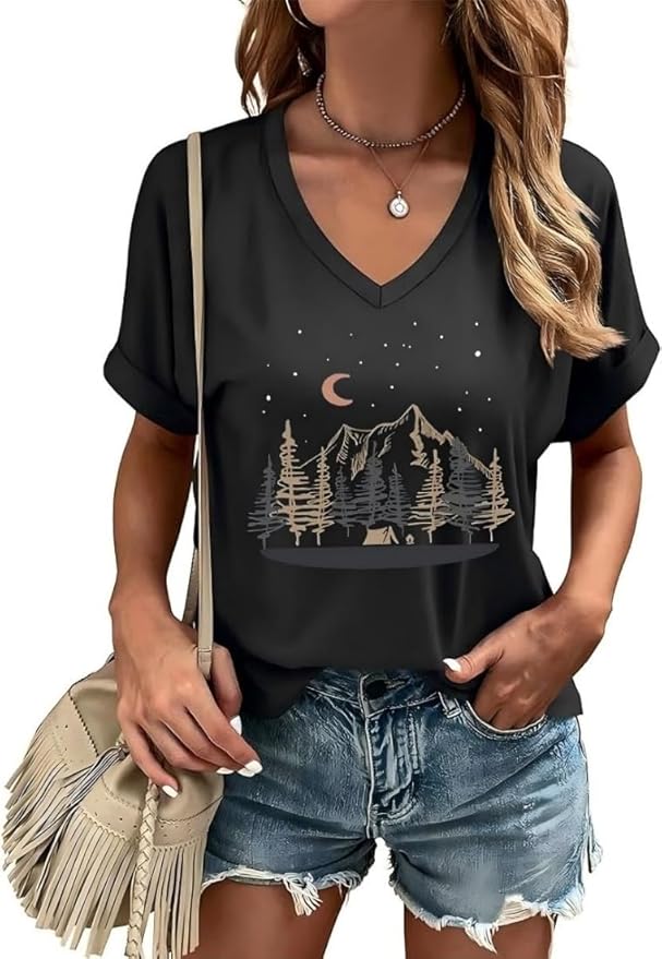 Graphic V Neck Shirt for Women Boho Floral Wildflowers Tee Casual Cottagecore Summer T-Shirt Blouse