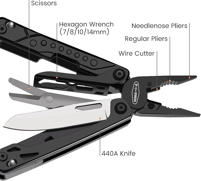 PERWIN Multitool, 20-in-1 Stainless Steel Multi Tools Pliers with Nylon Sheath, Safe Locking, Professional Multi-Tool for Survival, Camping and Hunting, Black
