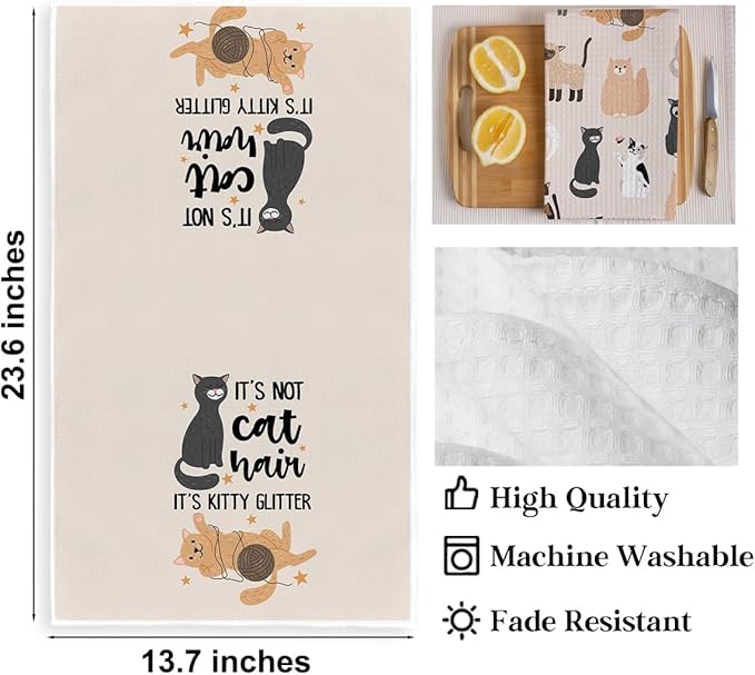 3PCS Cute Cat Kitchen Towels, Cat Themed Gifts Reusable Absorbent Waffle Weave Dish Tea Towels for Cleaning Cooking Baking, Cats Lovers Gifts for Women Microfiber Kitchen Towel, Housewarming Gift-3