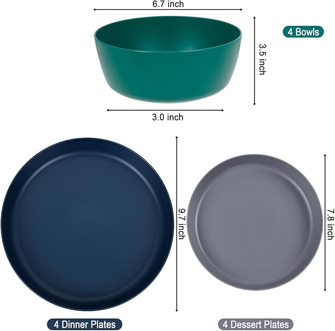 EI 12pcs Wheat Straw Plates,Plastic Plates Reusable,Unbreakable Plastic Plate,Wheat Straw Dinnerware Set,Melamine Plate-Black,Dark Grey,Dark Green,Dark Blue,Dinner, Camping,Picnic