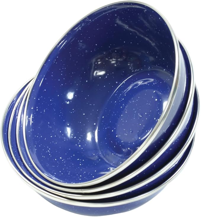Stansport Deluxe 24-Piece Enamel Tableware Set - Enamel Plates and Bowls Lightweight and Durable Camp Dish Set for Camping and Backpacking Plates and Bowls for 4 People