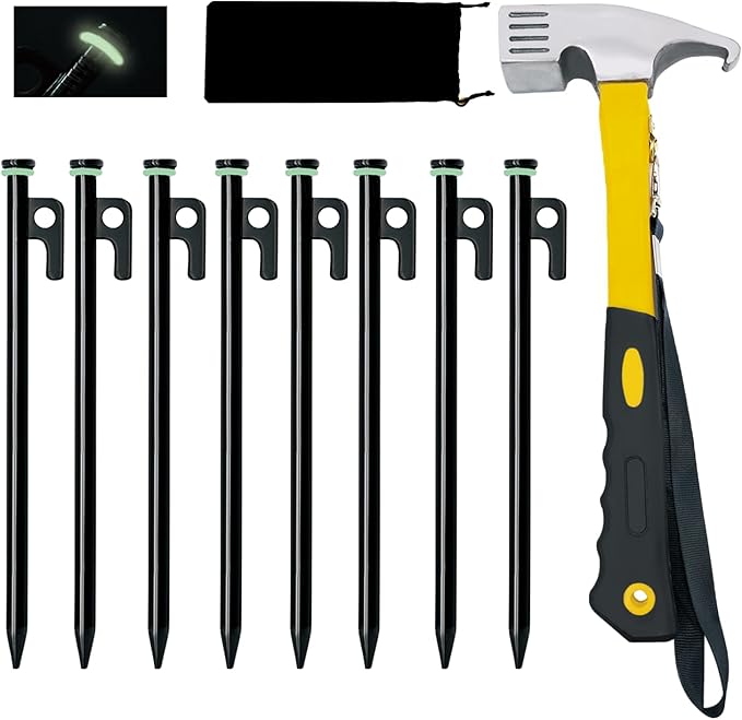 8 Pack Tent Stakes with Hammer, 8in Heavy Duty Tent Stakes + 10in Camping Hammer+Storage Pouch, Forged Steel Stakes for Camping Used on Rocks(8Pcs 8in Stake and Hammer)