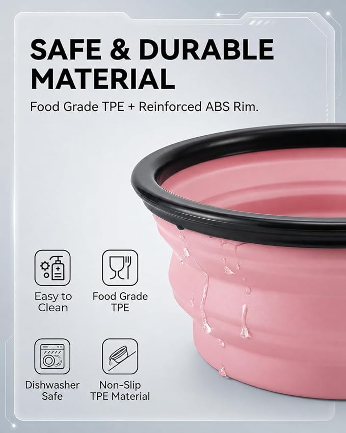 Collapsible Dog Bowls for Travel, 2-Pack Dog Portable Water Bowl for Dogs Cats Pet Foldable Feeding Watering Dish for Traveling Camping with Carabiners, BPA Free (Grey&Pink, Large)