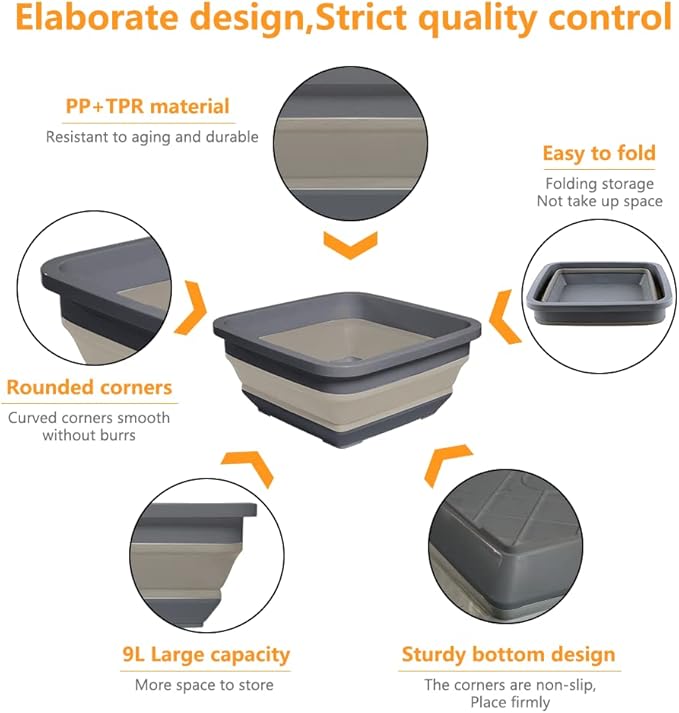 Goderewild 2.4 Gal(9L) Collapsible Dish Pans for Washing Dishes, Space Saving Multiuse Foldable Sink Tub, Kitchen Storage Tray for Outdoor Camping, Vegetable Washing, RV (Black)