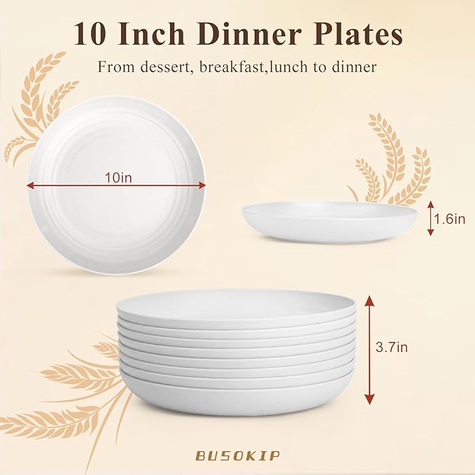 Wheat Straw Plates 10 Inch, Reusable Plastic Plates Set for 8, Unbreakable Dinner Plates for Salad, Noodle, Microwavable Plates for Kitchen, Outdoor, Camping, RV - White